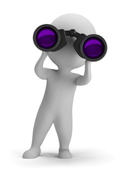 3d small person looking through binoculars. 3d image. Isolated white background.