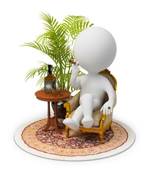 3d small people sitting in an armchair with a cigar, in luxury conditions. 3d image. Isolated white background.