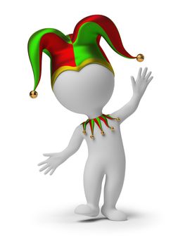 3d small people - dancing jester in a cap. 3d image. Isolated white background.
