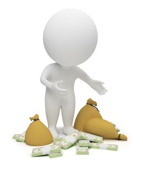 3d small people - packs of dollars and bags with money. 3d image. Isolated white background.