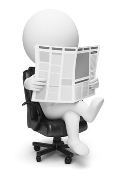 3d small people reading the newspaper sitting in a working armchair. 3d image. Isolated white background.