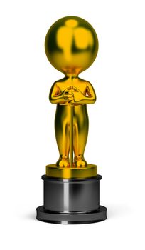 3d small person - golden oscar with a sword in his hand. 3d image. Isolated white background.