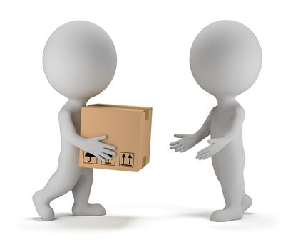 3d small people deliver a parcel to another person. 3d image. Isolated white background.