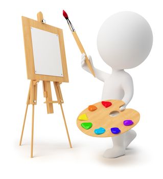 3d drawing small people with an easel, paints and a brush. 3d image. Isolated white background.