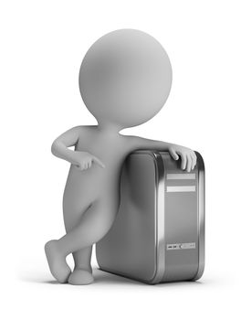 3d small person standing next to the computer. 3d image. Isolated white background.