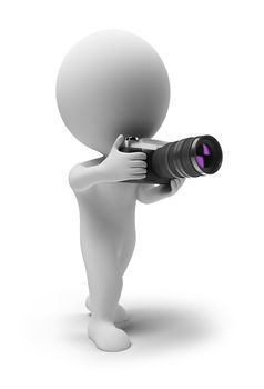 3d small people with the camera. 3d image. Isolated white background.