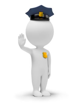 3d small people - policeman in a forbidding pose. 3d image. Isolated white background.