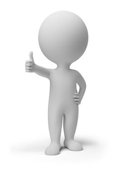 3d small person with the hand extended forward and the thumb of a hand lifted upwards. 3d image. Isolated white background.