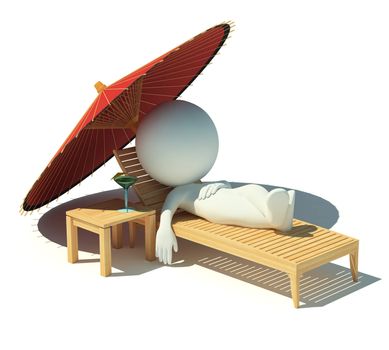 3d small people having a rest under an parasol on a chaise lounge. 3d image. Isolated white background.