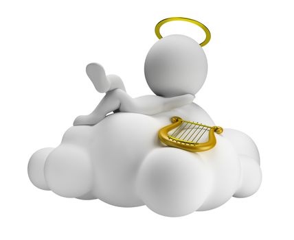 3d small people in paradise lies in a cloud with a harp. 3d image. Isolated white background.