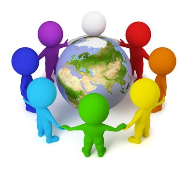 3d small people joined hands round the Earth. 3d image. Isolated white background.