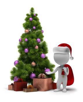 3d small people - Santa Claus and a Christmas tree. 3d image. Isolated white background.