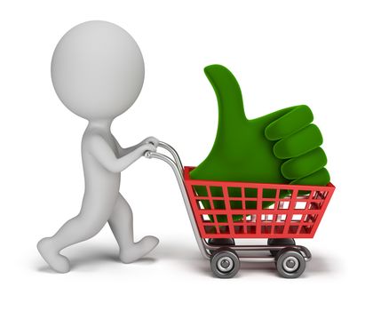 3d small person carrying a positive symbol in the cart. 3d image. Isolated white background.