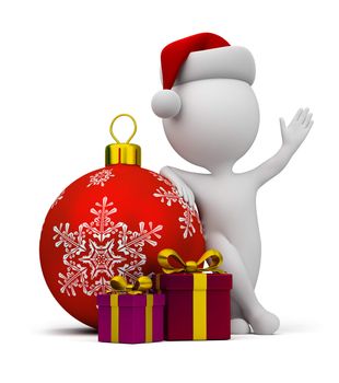 3d small person - Santa with gifts and a Christmas ball. 3d image. Isolated white background.