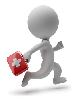 3d small person - doctor with the first-aid set running on a call. 3d image. Isolated white background.