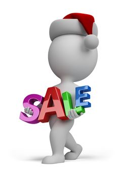 3d small person carries a sign SALE. 3d image. Isolated white background.