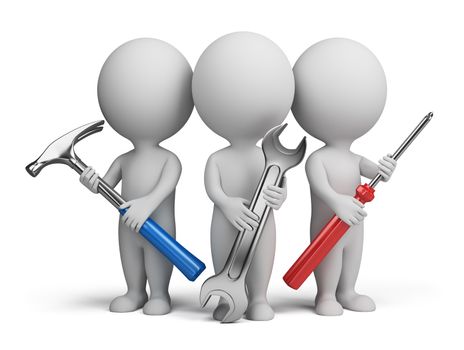 Three 3d people with the tools in the hands of. 3d image. Isolated white background.