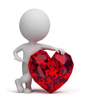 3d small person next to ruby heart. 3d image. Isolated white background.