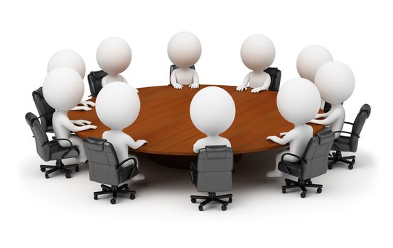 3d small people - session behind a round table. 3d image. Isolated white background.