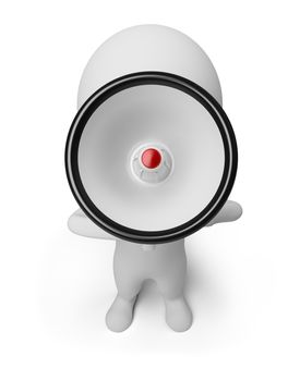 3d small person shouting in a megaphone. 3d image. Isolated white background.