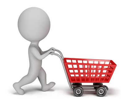 3d small person with a shopping cart. 3d image. Isolated white background.