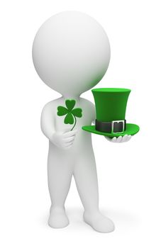 3d small people with a clover and a hat. Saint Patrick. 3d image. Isolated white background.