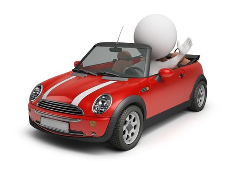 3d small people driving the small car. 3d image. Isolated white background.
