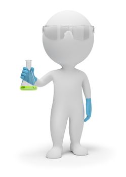 3d small people the scientist with a flask in hands. 3d image. Isolated white background.