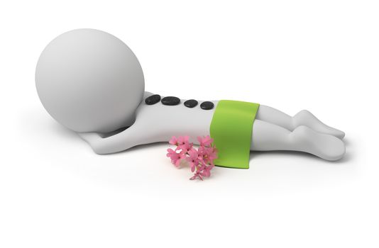 3d small person lying on spa to procedure with stones on a back, a towel and flowers. 3d image. Isolated white background.