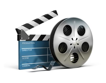 Cinema clapper and film tape. 3d image. Isolated white background.