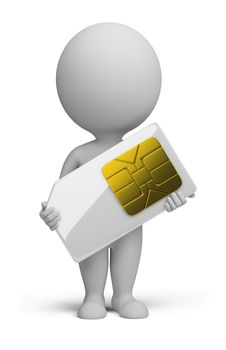 3d small person standing with a sim card in the hands. 3d image. Isolated white background.