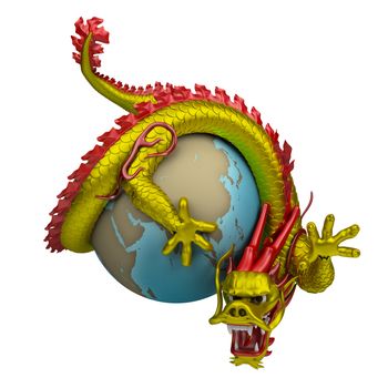 Chinese dragon twists around the globe. 3d image. Isolated white background.