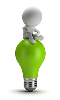 3d small person sitting on a green light bulb in a thoughtful pose. 3d image. White background.