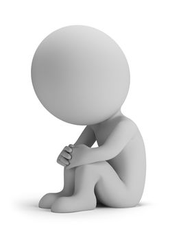 3d small person sitting in a sad position. 3d image. Isolated white background.