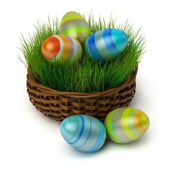 Coloured Easter eggs in a brown basket with a grass. 3d image. Isolated white background.