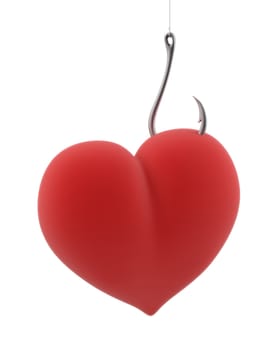 Heart caught on a hook on the isolated white background