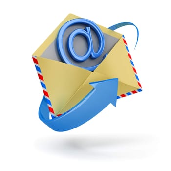 The letter surrounded with an arrow with email inside 3d image. Isolated white background.