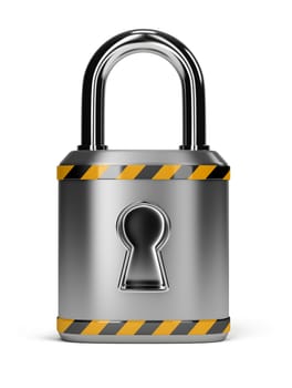 steel lock with the yellow black stripes. 3d image. Isolated white background.