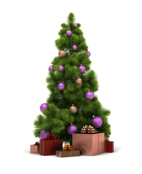 Christmas tree and gifts. 3d image. Isolated white background. Clipping path included.