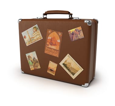 Old brown suitcase with labels. 3d image. Isolated white background.