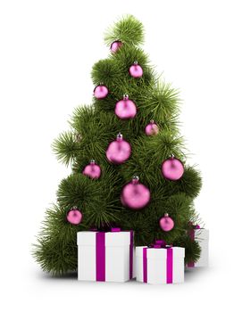New Year tree with gifts and spheres on the isolated white background