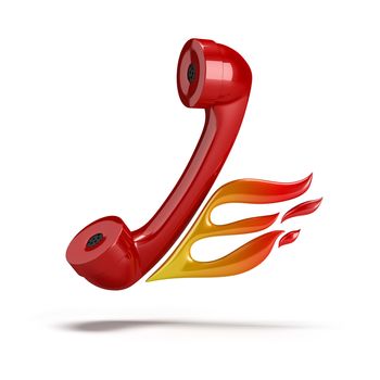 Red tube coming out of the phone with her ������flames. 3d image. Isolated white background.