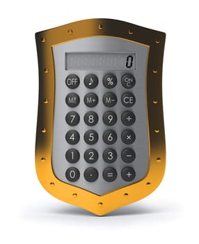 Calculator on a shield with a gold frame. 3d image. Isolated white background.