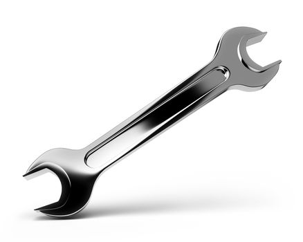 The polished steel wrench on the isolated white background. 3d image.