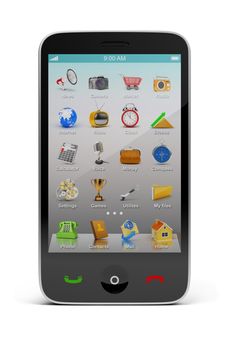 black smartphone with icons on the screen. 3d image. Isolated white background.