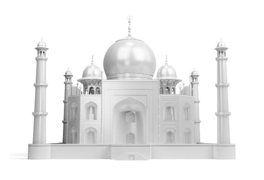 White shining Taj Mahal. 3d image. Isolated white background.