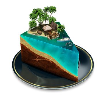 Piece of cake on a plate with a tropical island top. 3d image. Isolated white background.