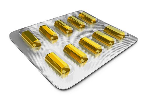Gold ingots in packing for tablets on the white isolated background