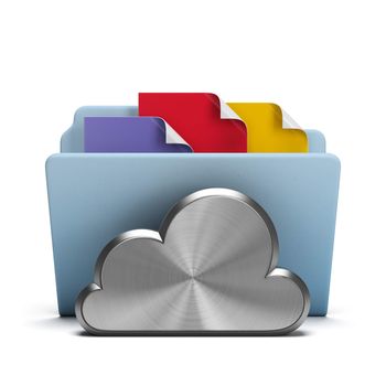 Steel Cloud and folder with documents. 3d image. White background.