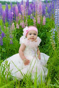 Little girl in an elegant dress sits on a grass